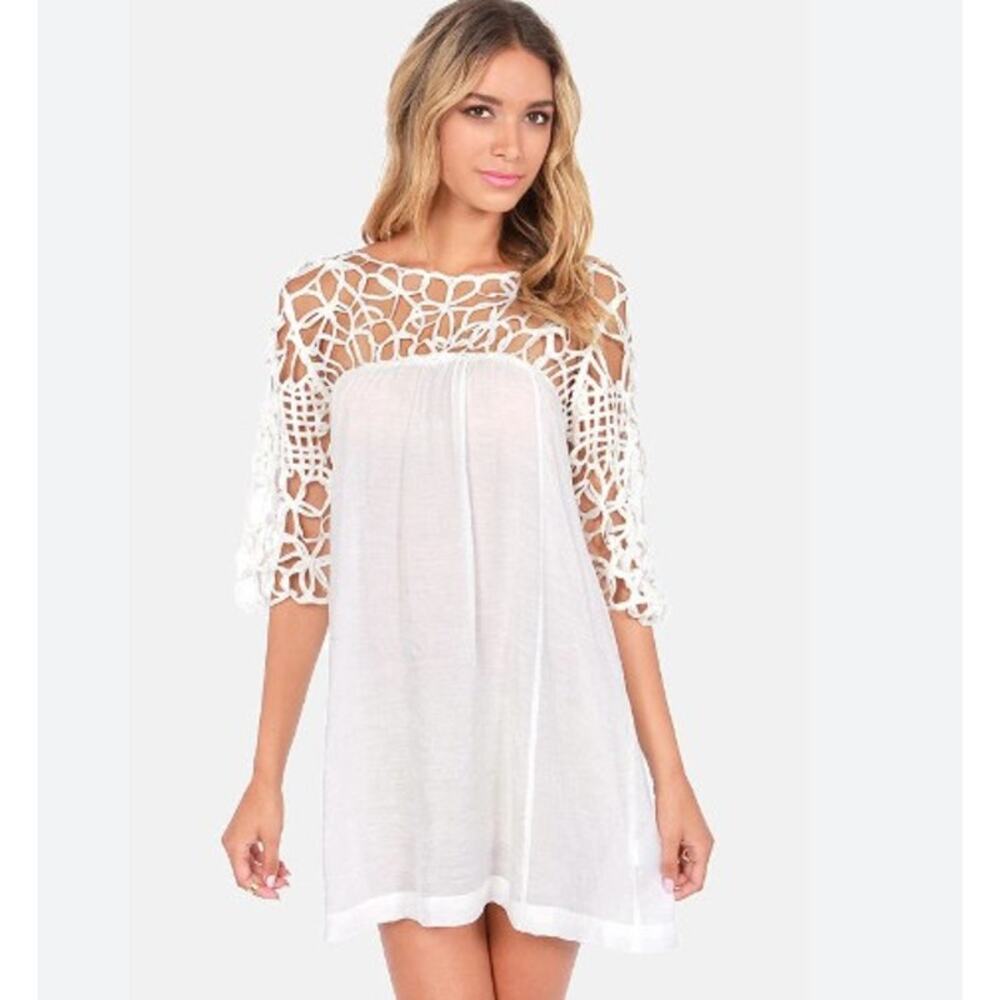 Lulu's Motown White Dress Silk Cotton Blend Crochet Mini Sexy Dress Women's Sz S